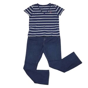 Ralph Lauren Sport V-Neck Blouse Short Sleeved Striped Tee T-Shirt Brand Logo XL